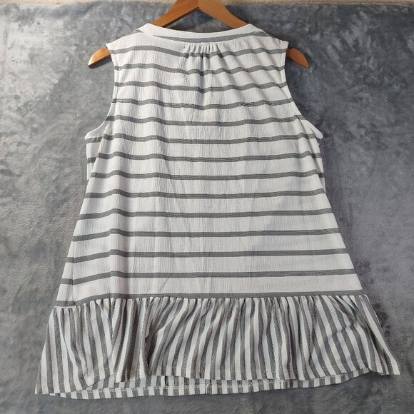 Roz & Ali Womens Sleeveless Tunic Top M White‎ Gray Striped Pintuck Peplum Hem - Picture 8 of 10